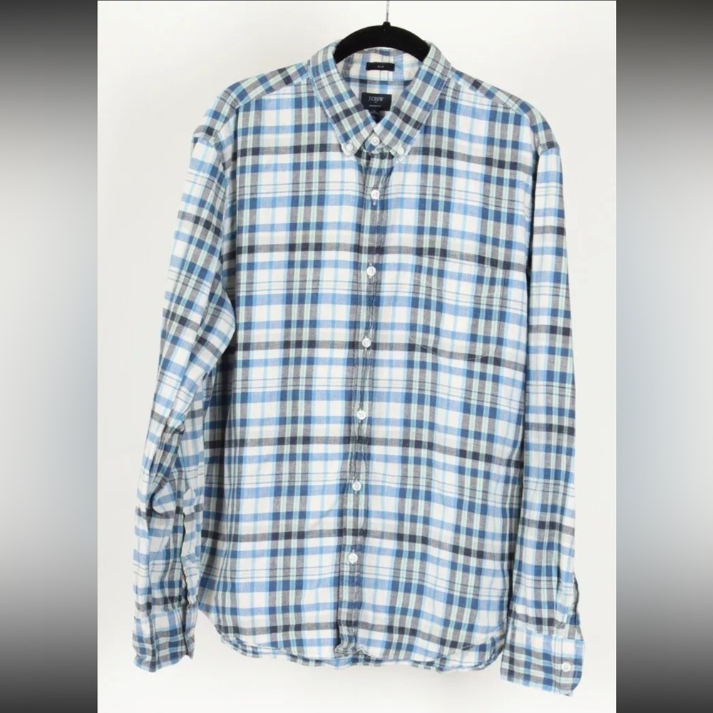J. Crew Mens Shirt XL Blue White Plaid Slim Fit Long Sleeve Homespun 100% Cotton